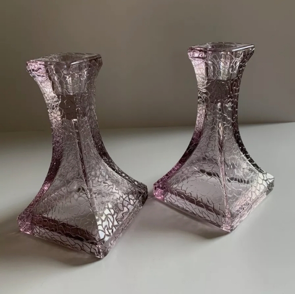 Source Unknown Other - Antique Art Deco Glass Candle Stick Holders manganese Amethyst square Pair 6”. C